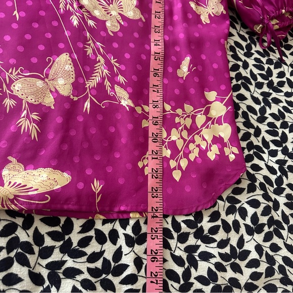 Yumi Kim Pink 100% Silk Butterfly Floral Polka Dot Prints Tie Cuff/Neck Blouse S - Picture 12 of 14